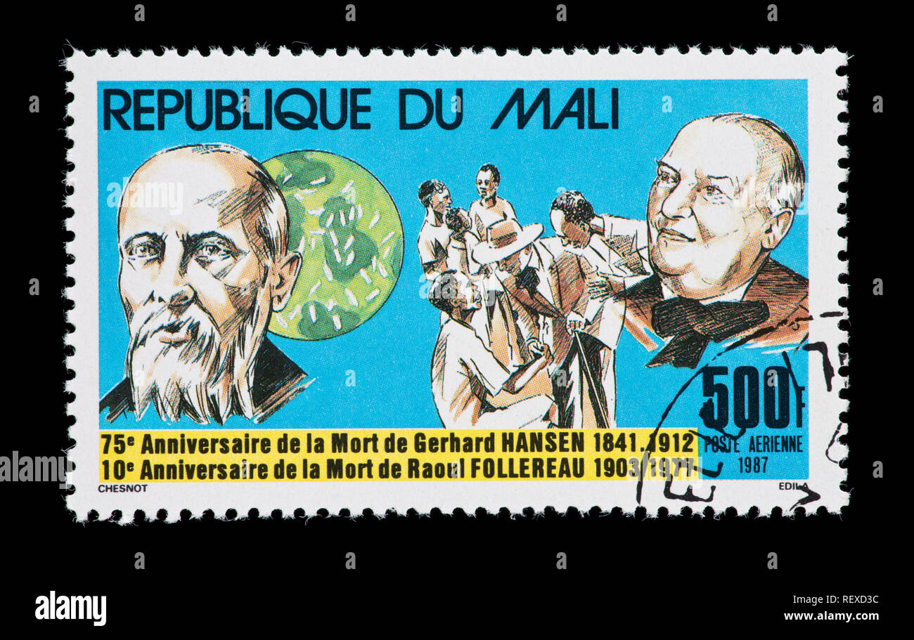 Sello de Malí representando Gerhard Hansen, Raoul Follereau y el bacilo de la lepra. Foto de stock