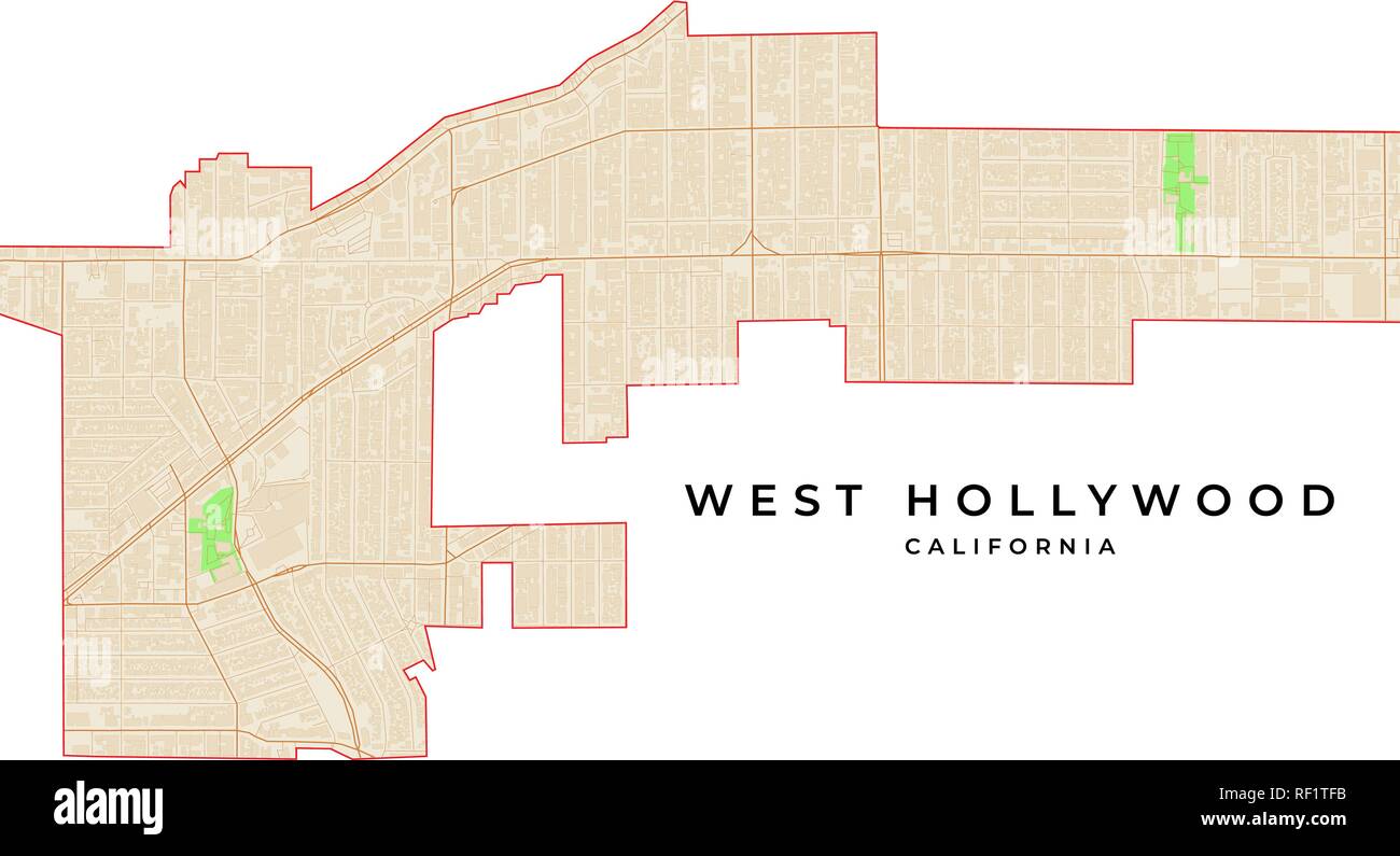 Mapa de vectores de West Hollywood, California, USA. Varios colores de calles, parques, agua y frontera. Ilustración del Vector