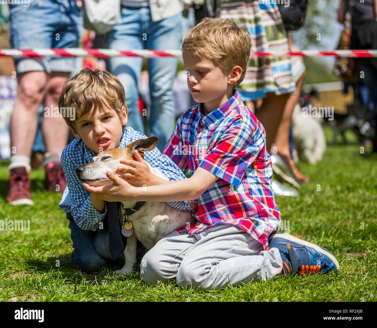 Dos chicos con su perro en el parque en un perro mostrar Foto de stock