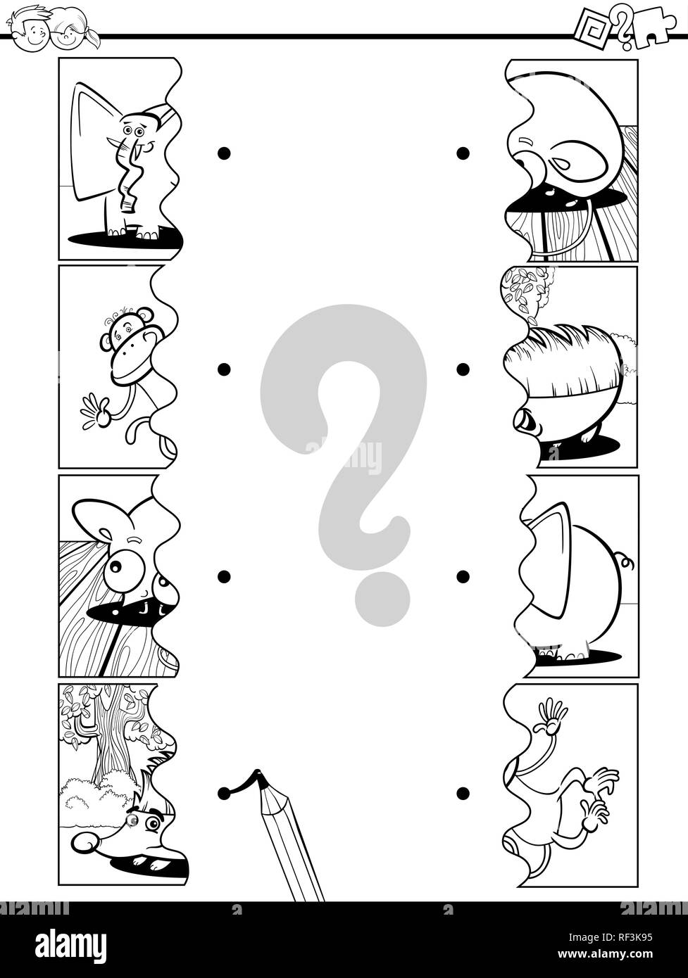 Ilustración caricatura en blanco y negro de imágenes educativas para niños  con juego de rompecabezas de animales divertidos Página para colorear  Imagen Vector de stock - Alamy