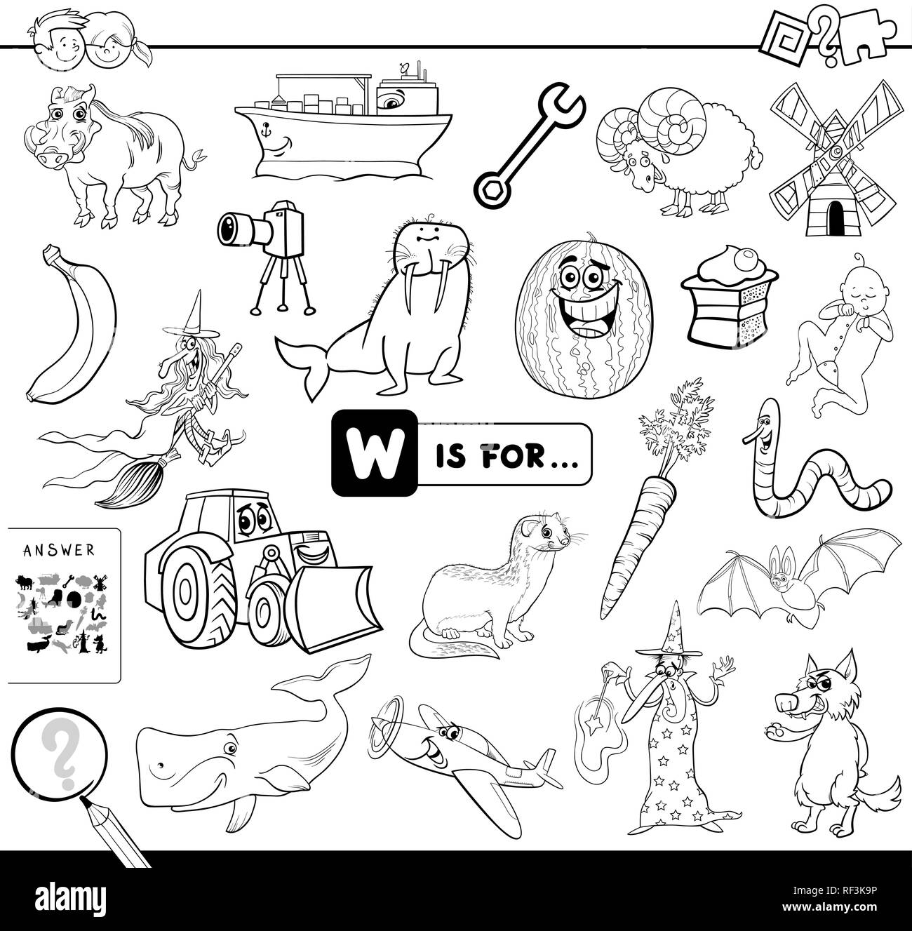 Ilustración caricatura en blanco y negro de encontrar la imagen que  empiezan con la letra W Juego educativo Libro Libro para colorear para los  niños Imagen Vector de stock - Alamy