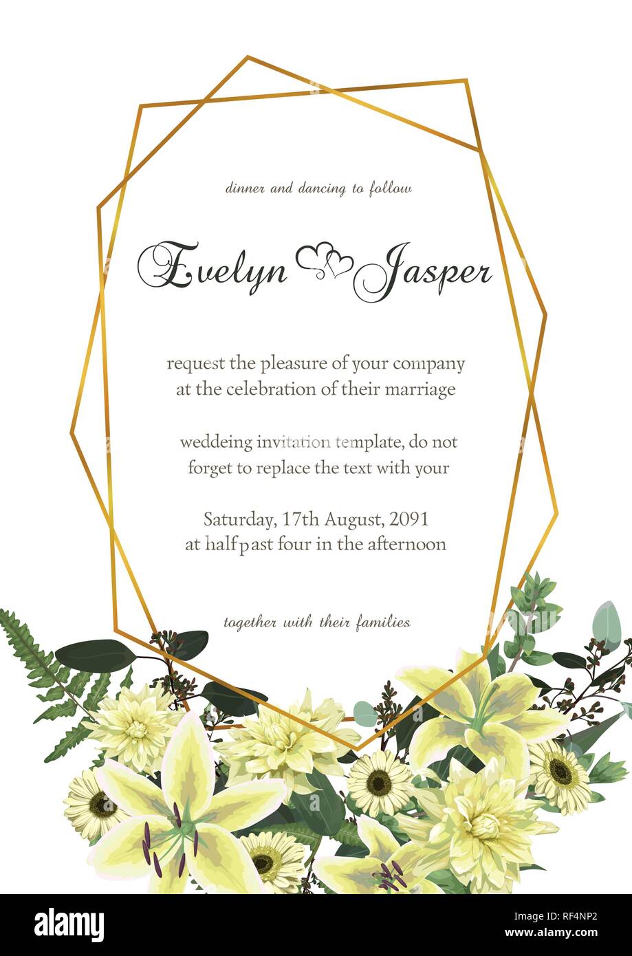 Decoración geométrica dorada armadura con eucalipto, helechos y ramas de  boj. Para invitaciones de boda, viñetas, postales, brunia, flores de color  blanco Imagen Vector de stock - Alamy