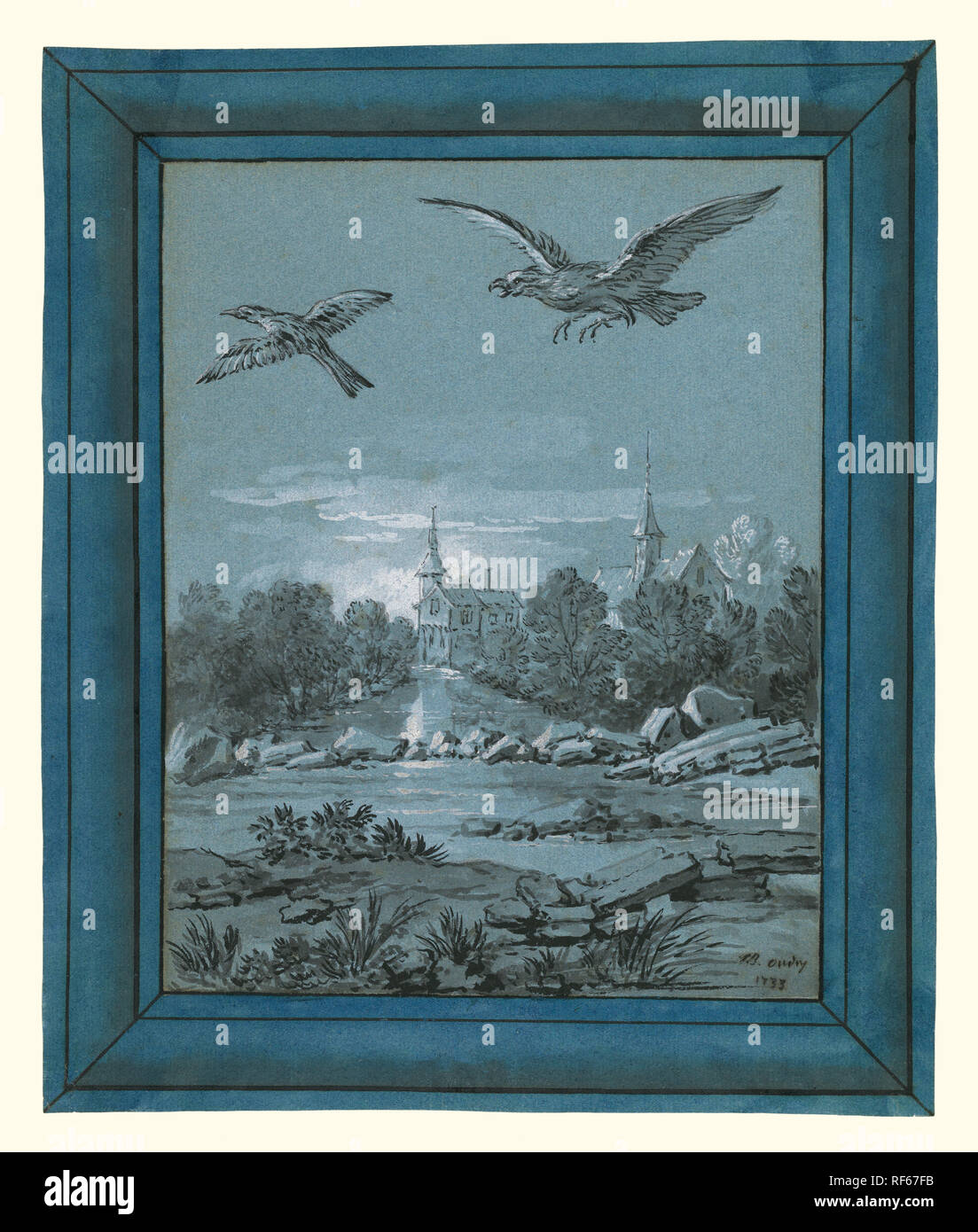 El Águila y la urraca; Jean-Baptiste Oudry (francés, 1686 - 1755); 1733; pincel y tinta negra, gris, acentuado con blanco lavado, Gouache sobre Papel azul; 30,6 × 25,6 cm (12 × 10 1/16 1/16 pulg.); 2002.52.3 Foto de stock