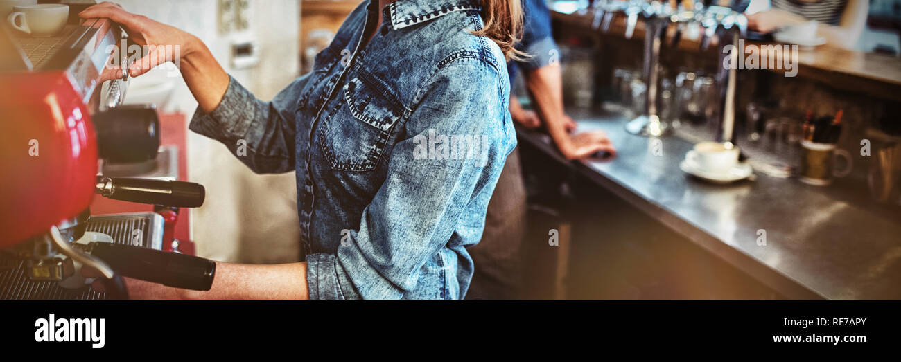 Retrato de feliz camarera con co-trabajador hablando con el cliente en la cafetería Foto de stock