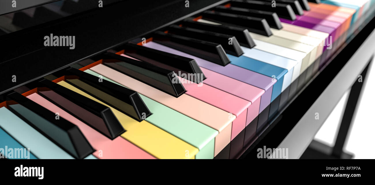 Representación 3D imagen de piano clásico teclado colorido Foto de stock