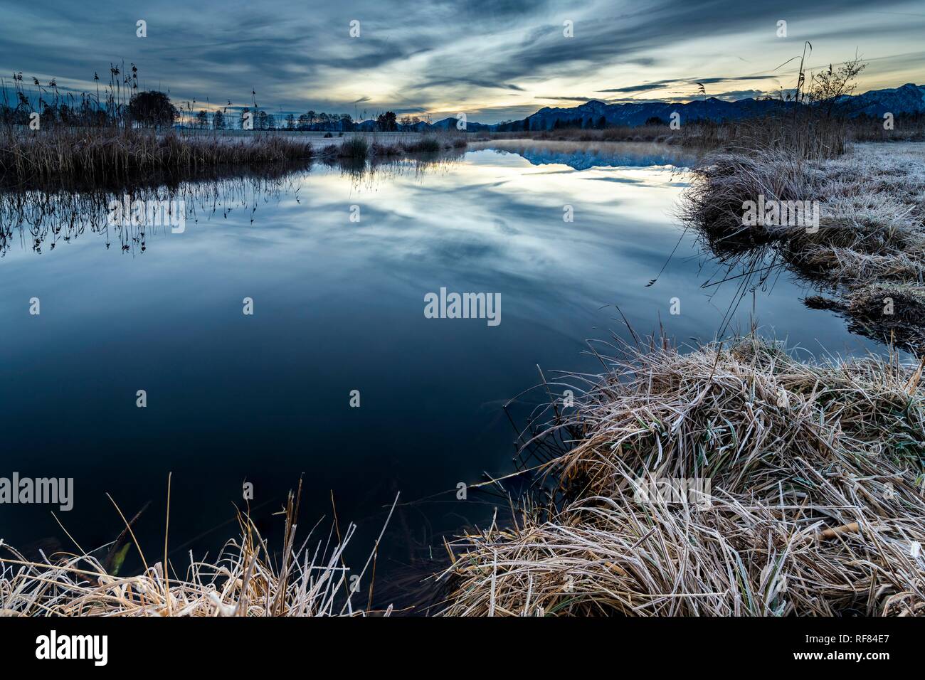 Superficie del agua de la Ach con la reflexión y el espectacular cielo, Uffing, Riegsee, Alta Baviera, Alemania Foto de stock