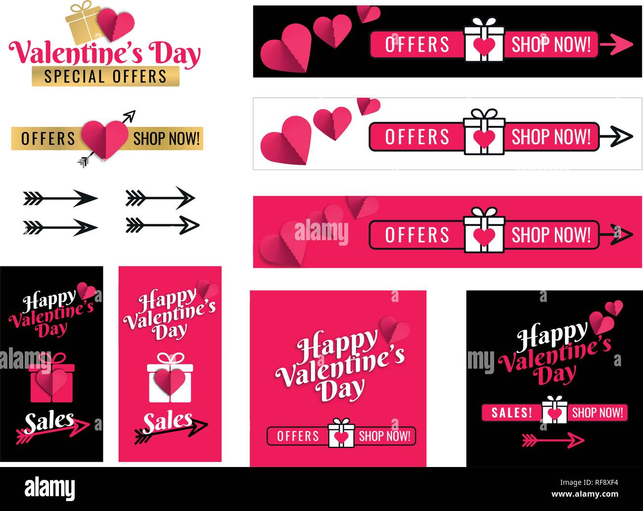 Banners en medios sociales para celebrar el Día de San Valentín. Diseño gráfico texto con el icono con forma de corazón, paquete de regalo y amor flechas. Para pancartas, folletos, volantes. La hea vectorial Ilustración del Vector