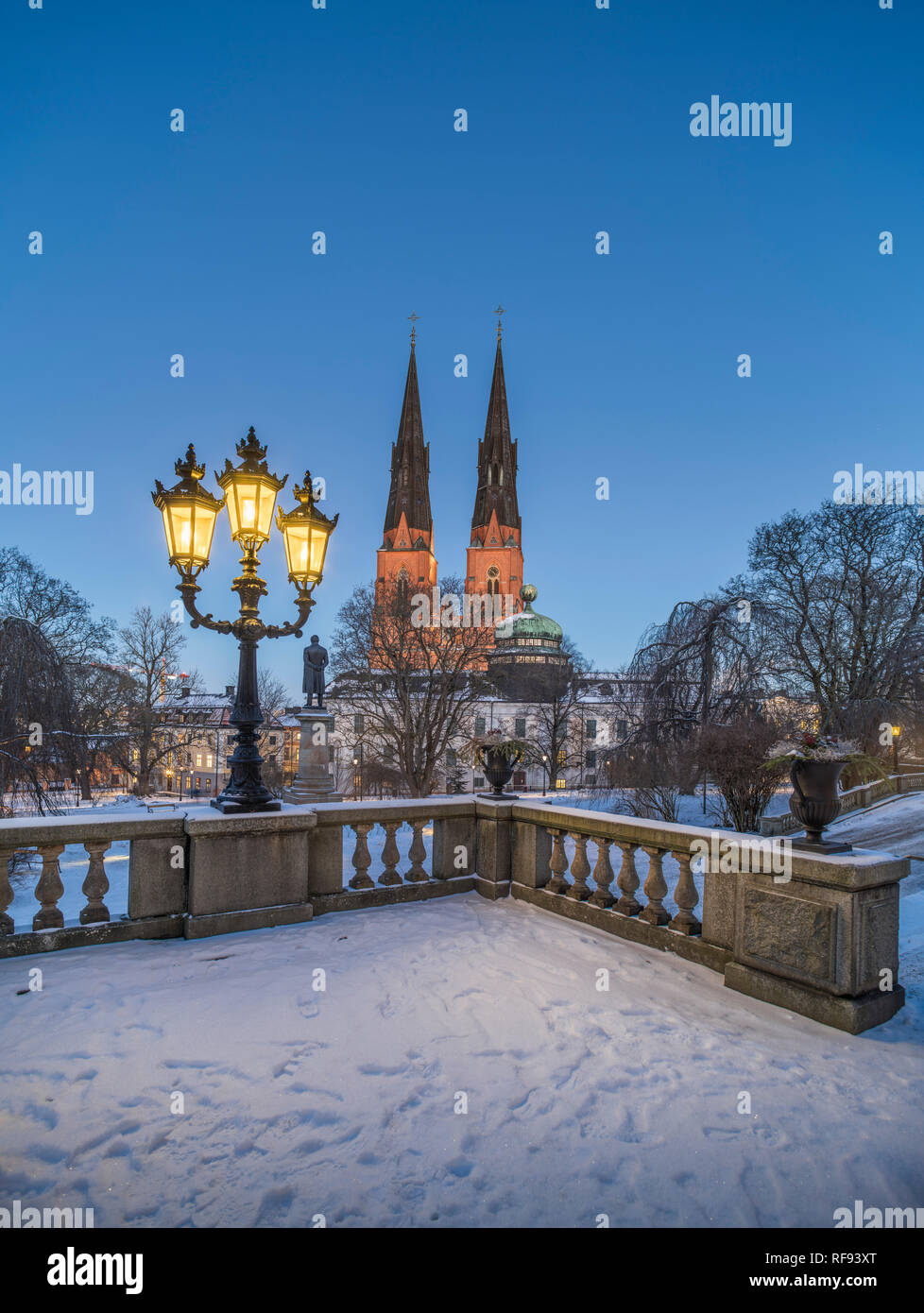 La catedral y Gustavianum durante la noche en invierno. Vista desde el parque de la Universidad de Uppsala, Suecia, Escandinavia Foto de stock