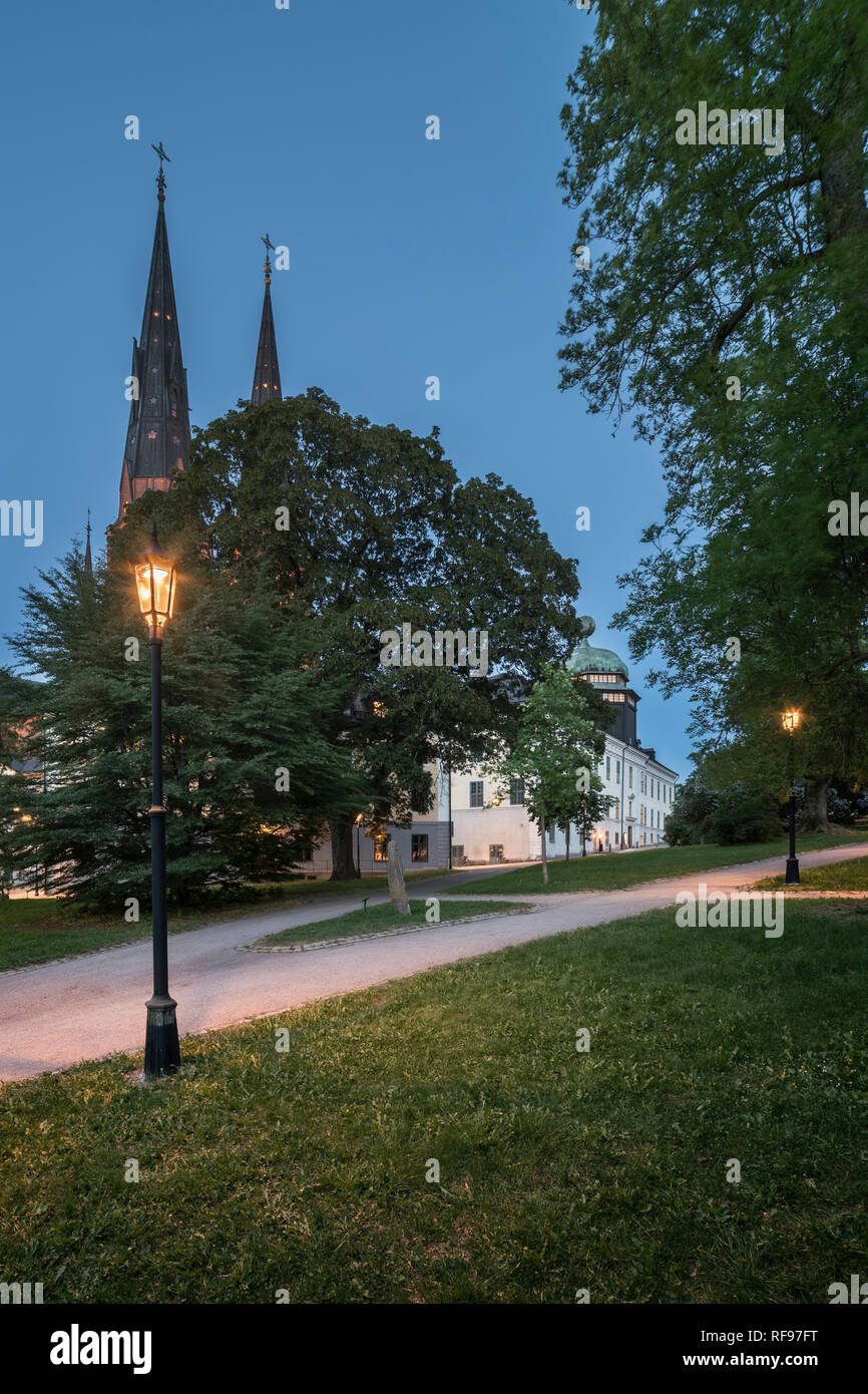 La catedral y Gustavianum durante la noche. Vista desde el parque de la Universidad de Uppsala, Suecia, Escandinavia Foto de stock