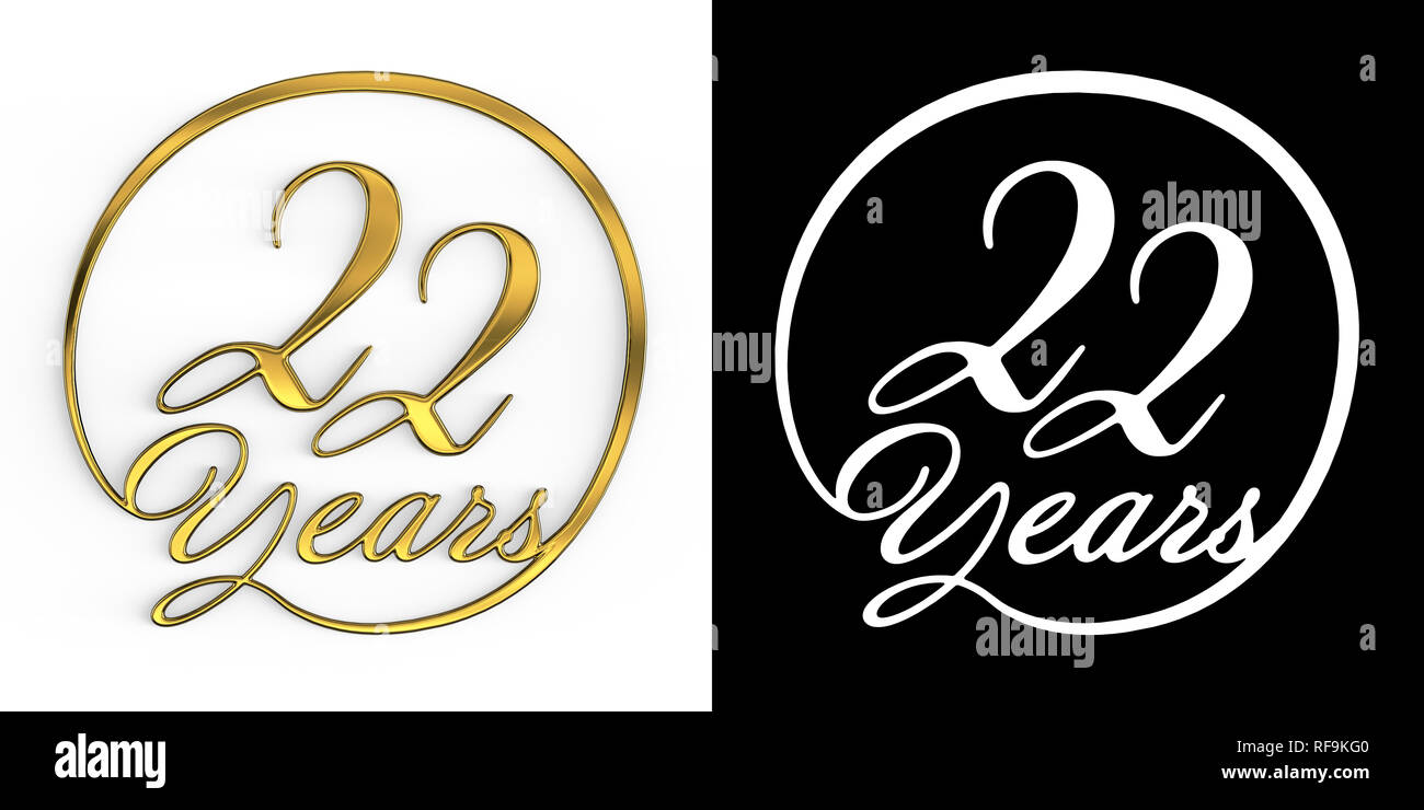 Golden número veintidós años (número 22 años) en un círculo, vista superior con canal alfa. Ilustración 3D Foto de stock