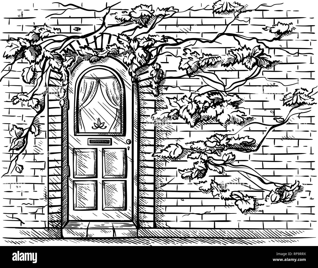 Croquis dibujado a mano antigua puerta de madera doble arco de ladrillo muro trenzado uva ilustración vectorial Ilustración del Vector
