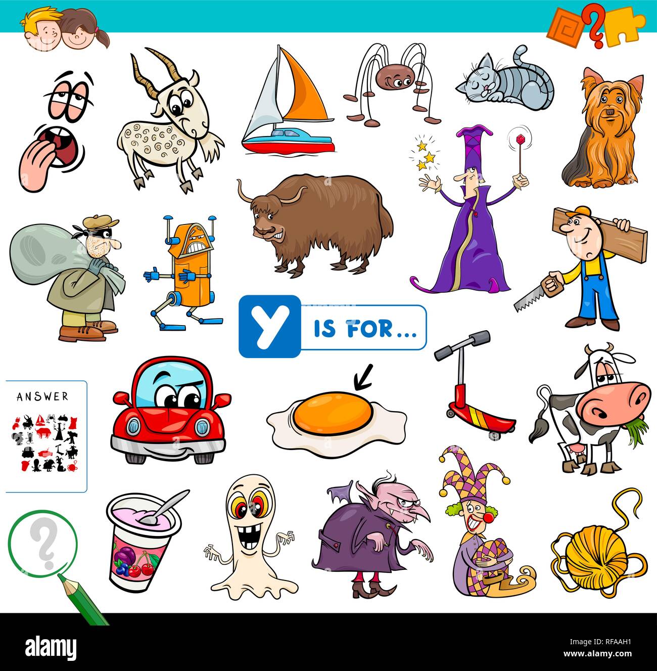 Ilustración de dibujos animados de encontrar la imagen que empiezan con la  letra y libro de juegos educativos para niños Imagen Vector de stock - Alamy
