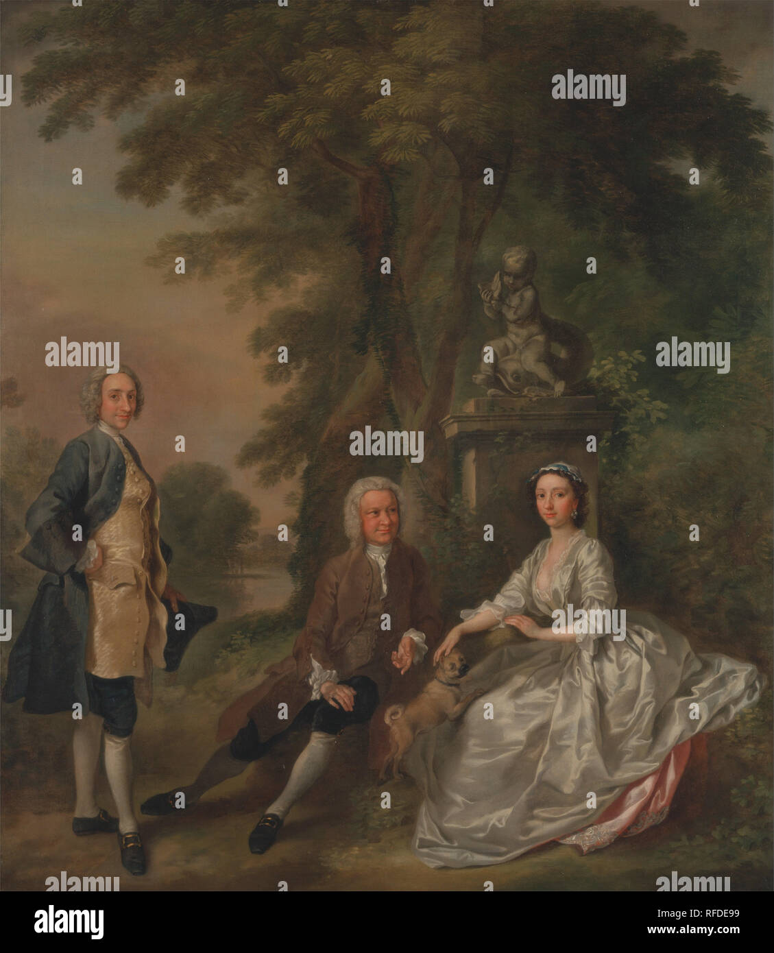 Jonathan Tyers, con su hija Isabel y su esposo John Wood. Fecha/período: entre 1750 y 1752. La pintura. Óleo sobre lienzo. Altura: 991 mm (39.01"); anchura: 864 mm (34,01). Autor: Francis Hayman. Foto de stock
