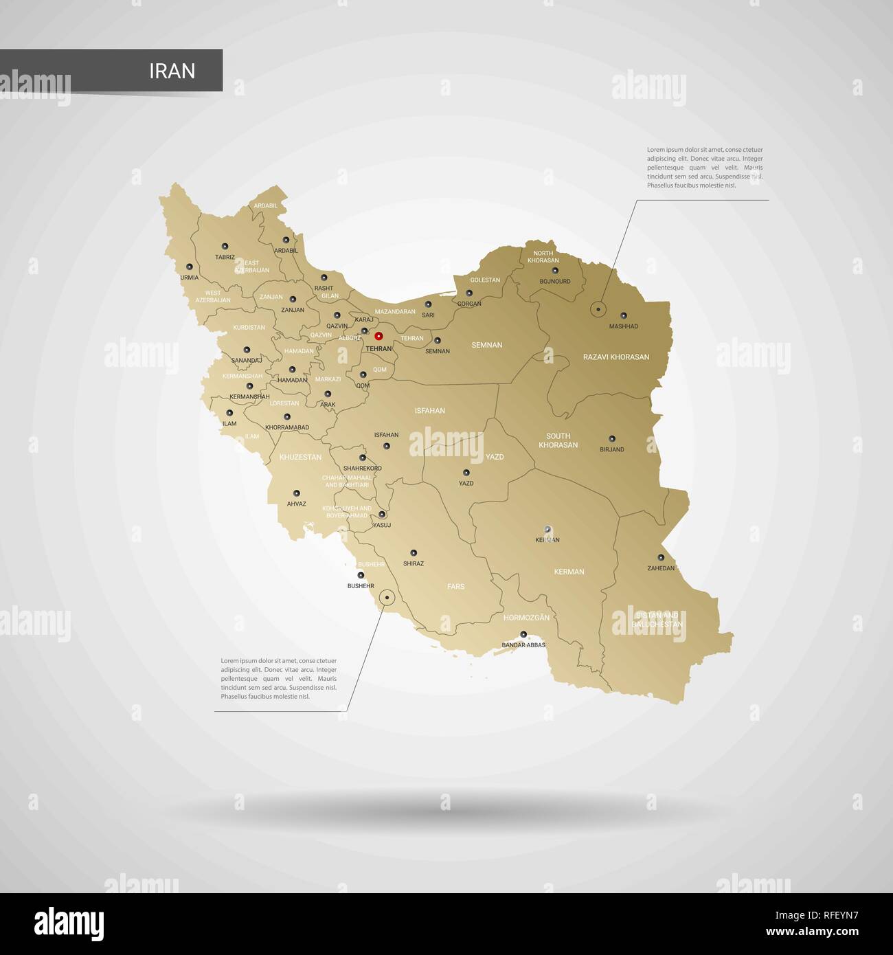 Vector Estilizados Irán Mapa Infografía 3d Oro Ilustración Mapa Con Las Ciudades Las Fronteras 