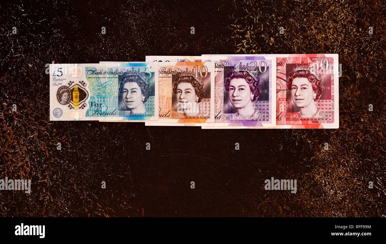 Banco de Inglaterra £5, £10, £20 y £50 billetes Foto de stock