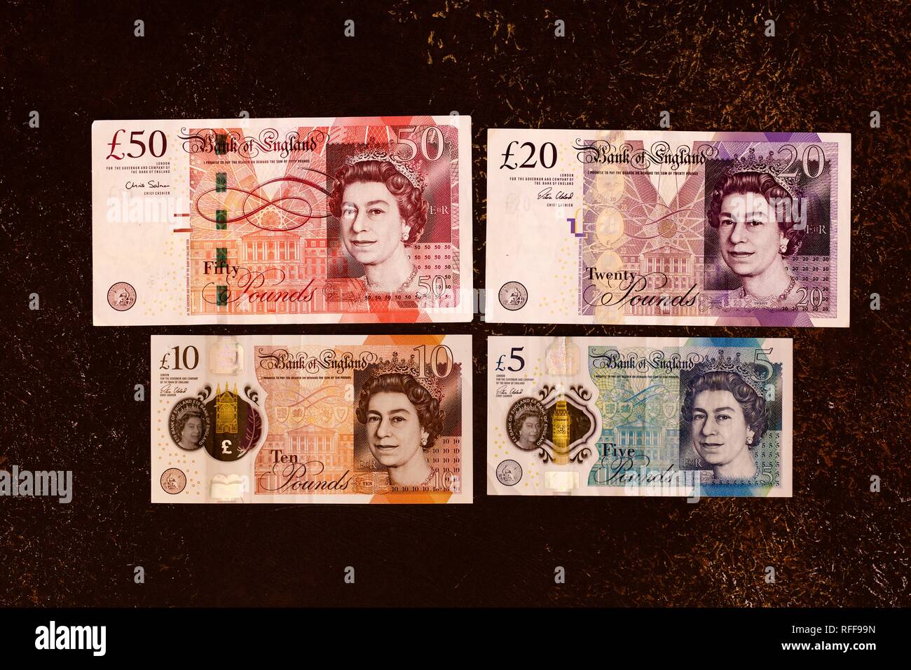 Banco de Inglaterra £5, £10, £20 y £50 billetes Foto de stock