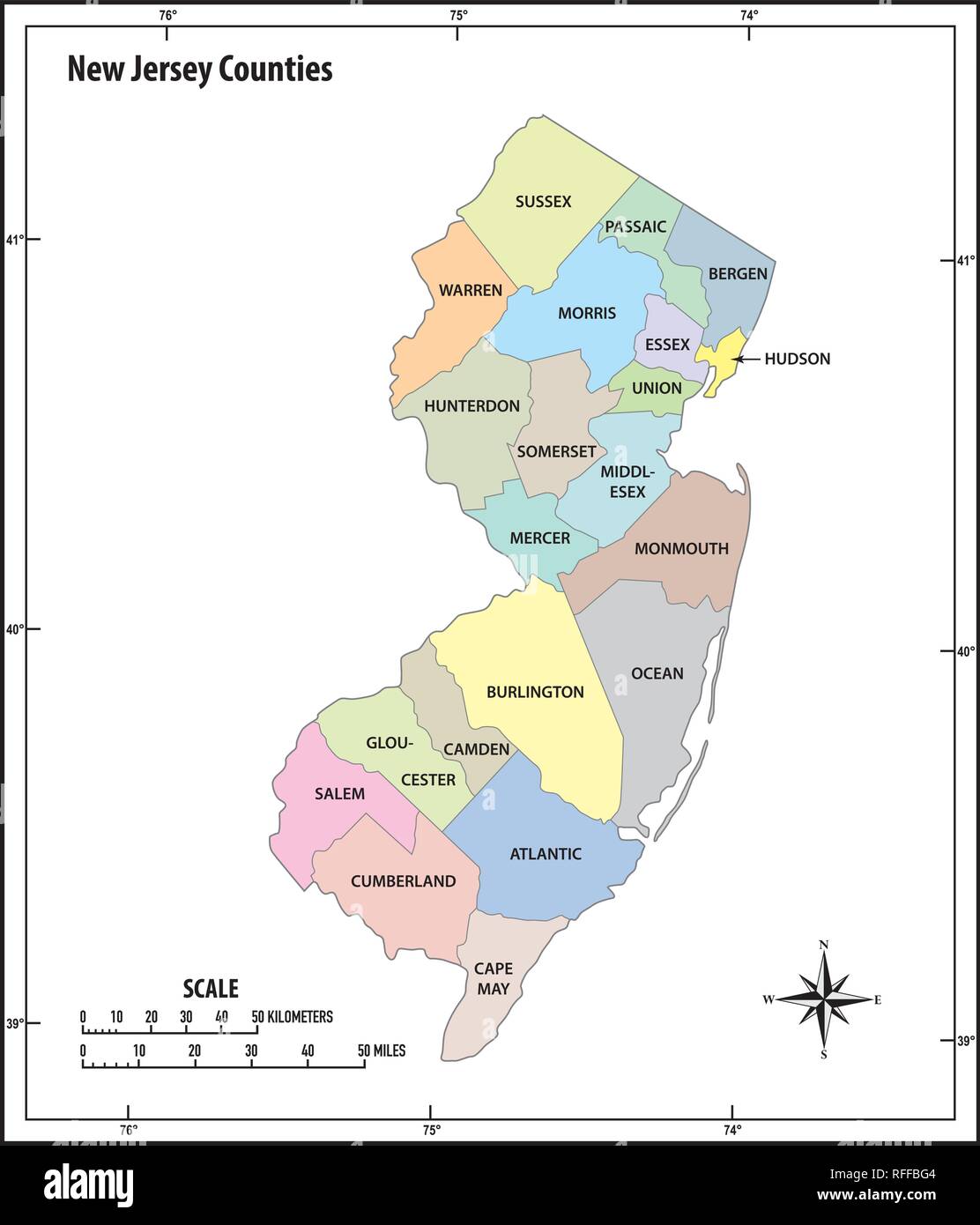 Esquema estatal de Nueva Jersey administrativo y político mapa de vectores en color Ilustración del Vector