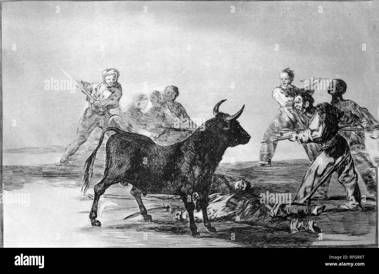 Francisco de Goya y Lucientes (Fuendetodos, 1746-Burdeos, 1828). Grabado. Serie "Tauromaquia" (aguafuerte). Plancha 12ª: Desjarrete de la canalla con lanzas, medias-lunas, banderillas y other armas. Primera edición. Madrid, 1816. Foto de stock