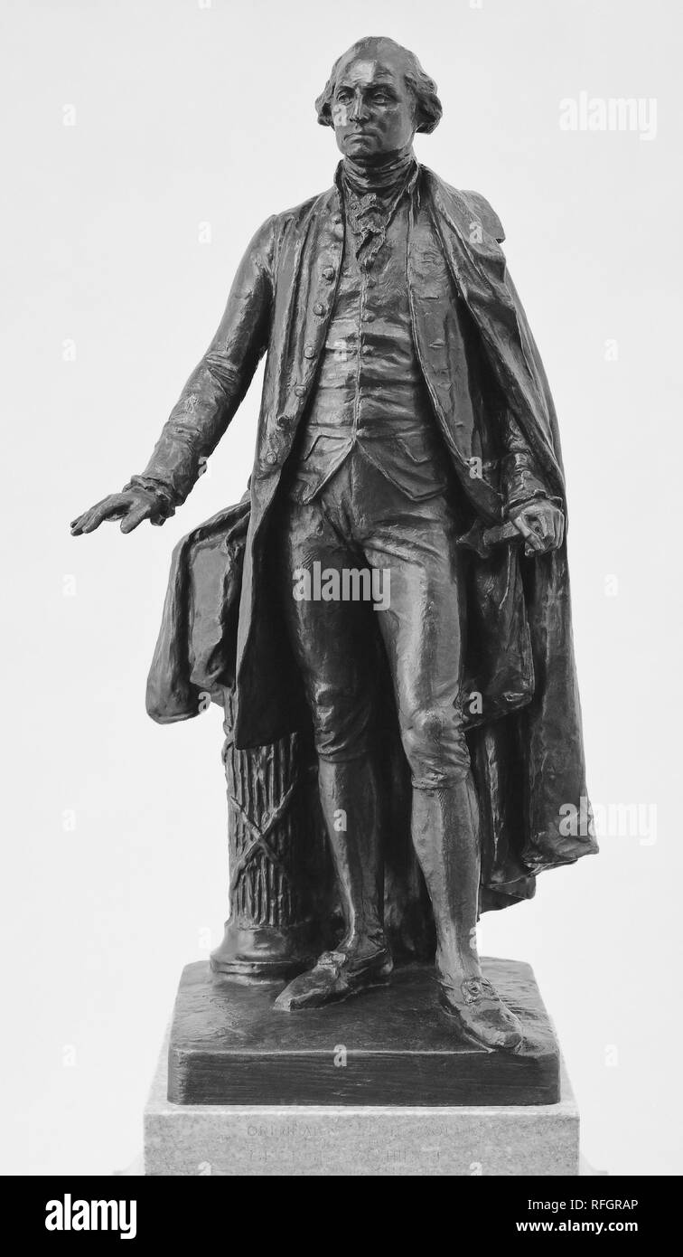 George Washington. Artista: John Quincy Adams Ward (American, Urbana, Ohio, Nueva York, 1830-1910). Dimensiones: 23 3/4 x 12 3/8 x 10 in. (60,3 x 31,4 x 25,4 cm). Fecha: 1882; cast ca. 1911. Esta estatuilla fue lanzado después de que el último dibujo modelo para Ward, la monumental estatua de George Washington (1732-1799), erigida sobre los pasos delante del antiguo edificio Sub-Treasury (ahora Federal) Hall en pared y amplias calles de la ciudad de Nueva York. El monumento se encuentra donde Washington tomó su juramento como el primer presidente de los Estados Unidos en 1789. Aquí, Washington se muestra justo después de ser juramentada, su righe Foto de stock