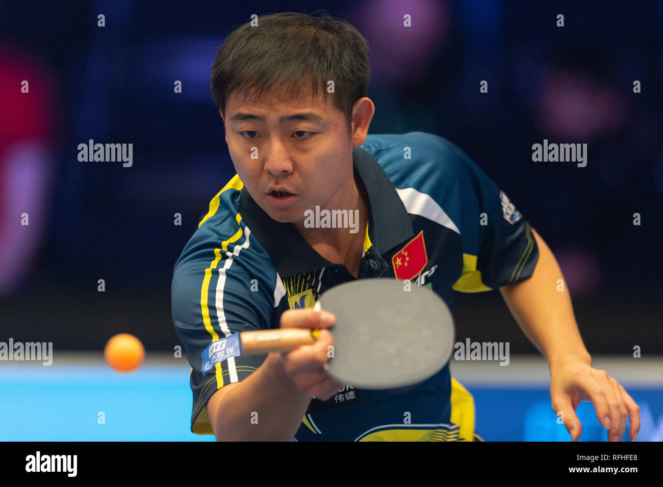 Londres, Reino Unido. El 26 de enero, 2019. Wang Shibo (CHN) en el grupo 1  durante un partido Betvictor Campeonato Mundial de Ping Pong - 2019 torneo  en palacio de Alexander el