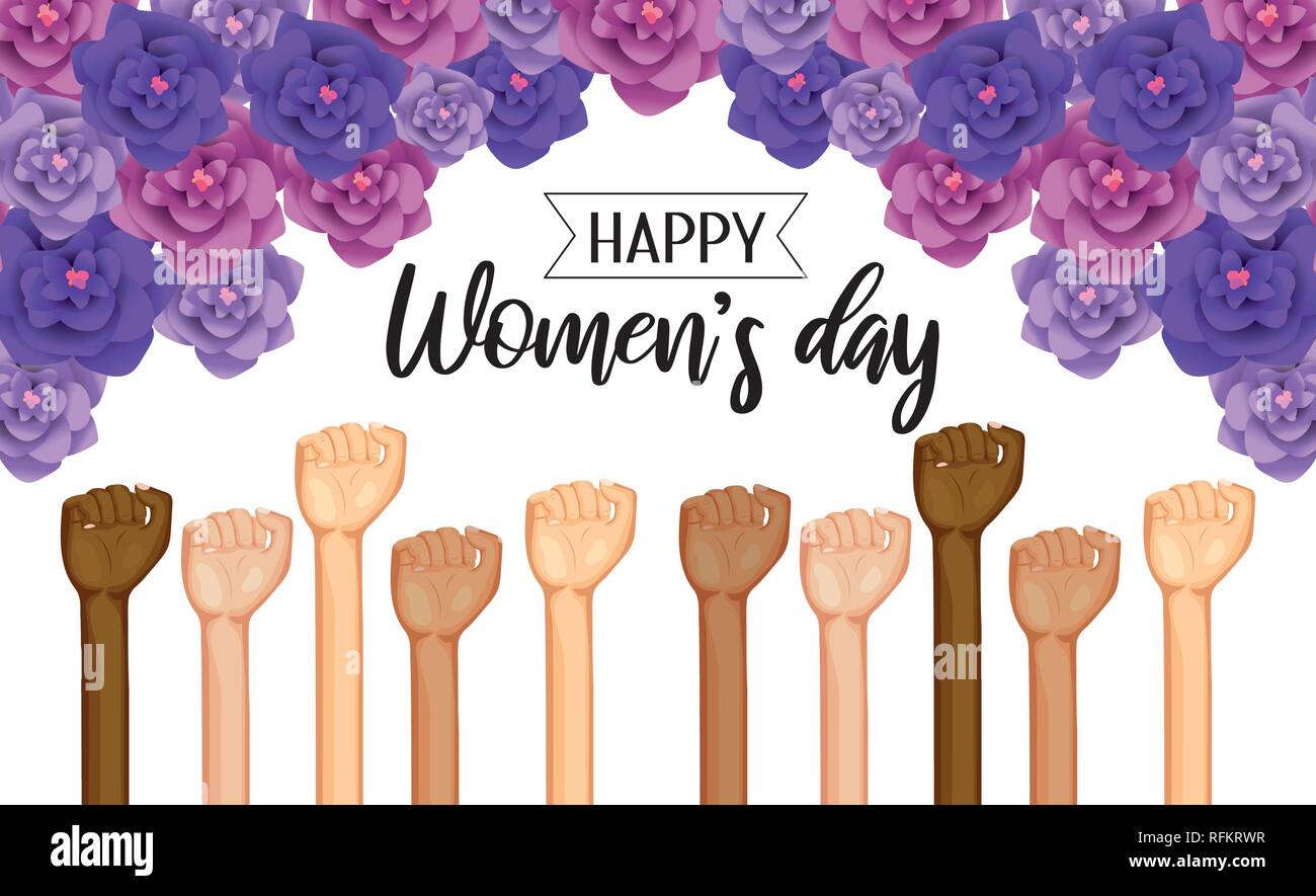 Power manos arriba con rosas en celebración del día de la mujer Ilustración del Vector
