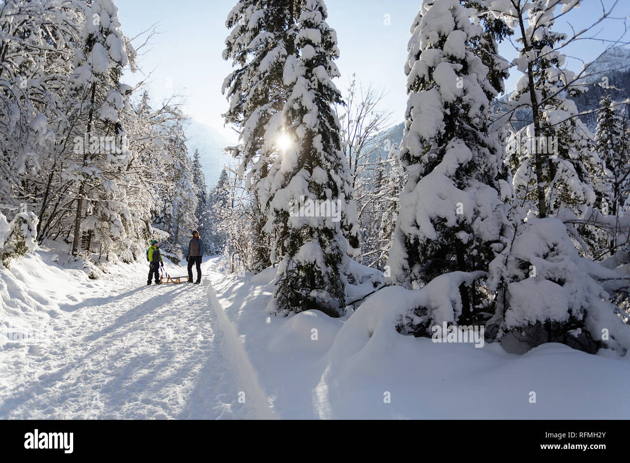 Invierno afuera puede ser creador de cuento de hadas para niños o adultos, madre e hijo parado en el sendero cubierto de nieve con trineos, Eslovenia, Krnica valley Foto de stock