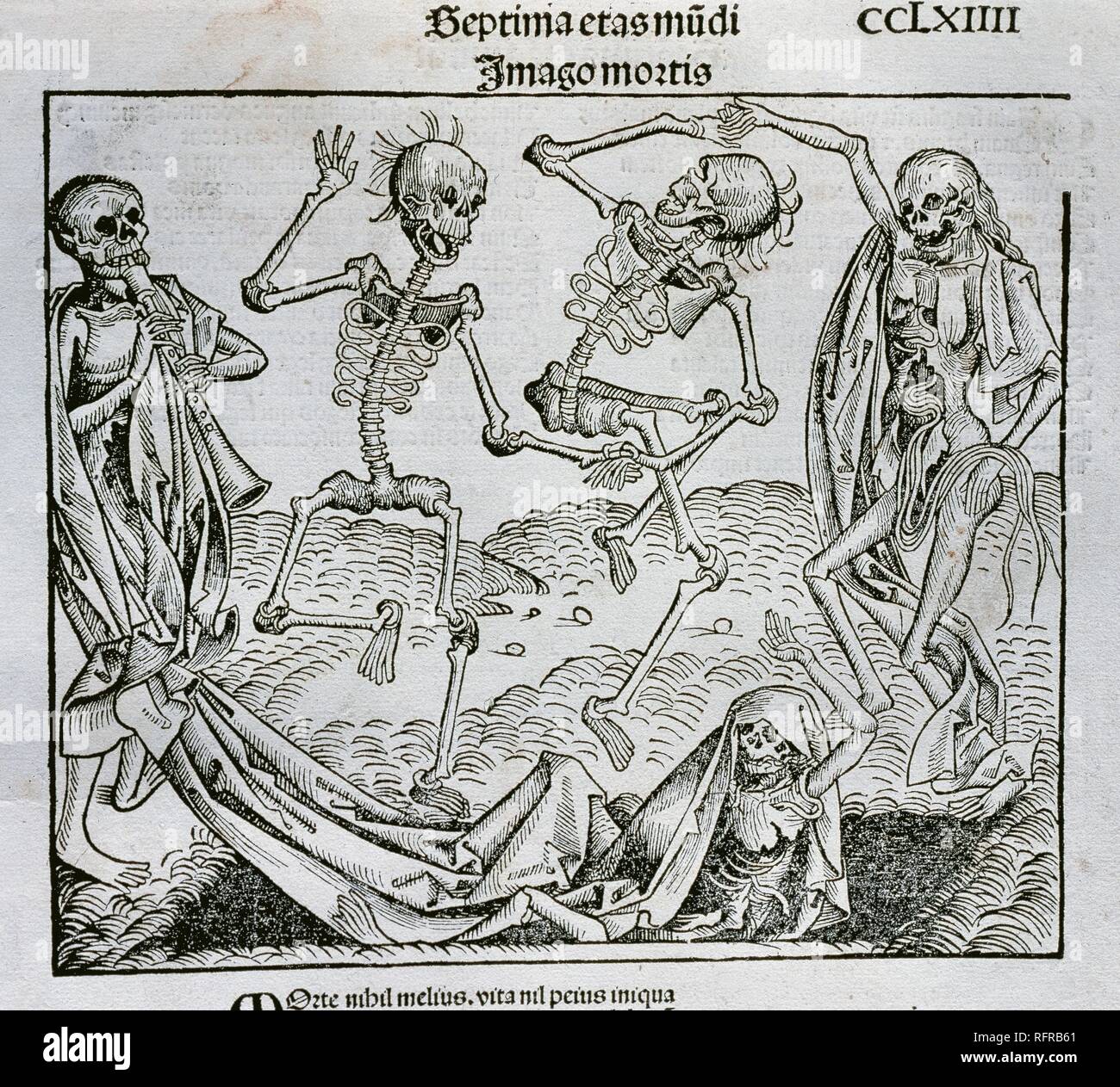 La Danza de la muerte" (1493). Ilustración realizada por el pintor y  grabador alemán Michael Wolgemut (1434-1519) para la "Crónica de Nüremberg"  (conocida también como "Historia mundi' o 'Liber chronicarum'), obra del