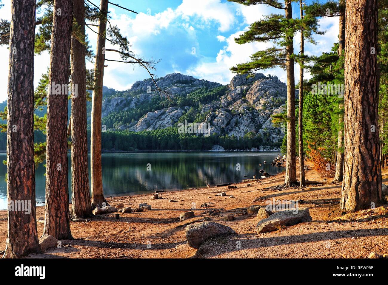 El paisaje rocoso que rodea el tranquilo y sereno Lac de l'Ospedale, Foret de l'Ospedale, cerca de Porto-Vecchio, Córcega, Francia, Europa. Foto de stock