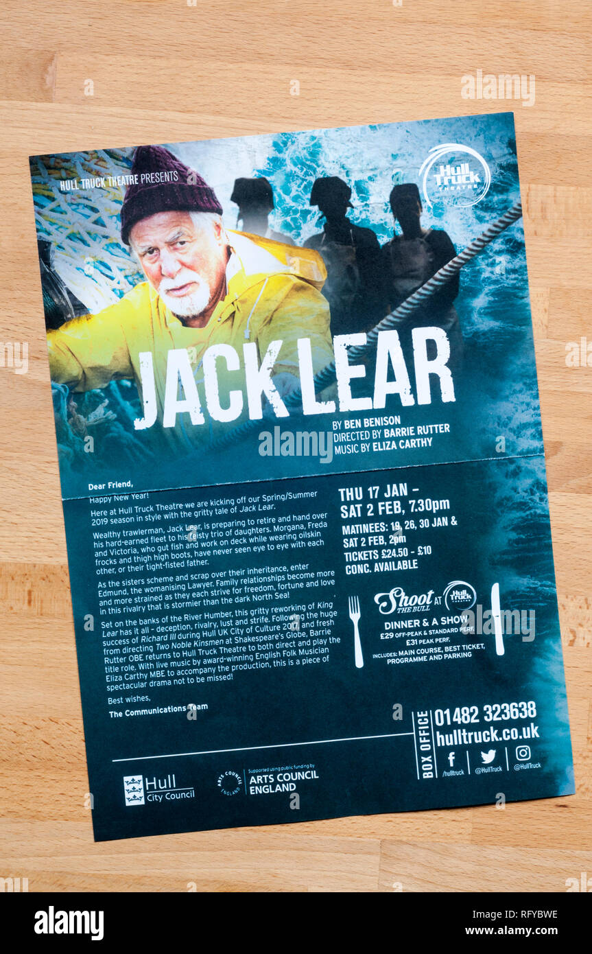 Un anuncio para el Hull Truck theatre 2019 Producción de Jack Lear por Ben Benison dirigida por Barrie Rutter. Foto de stock