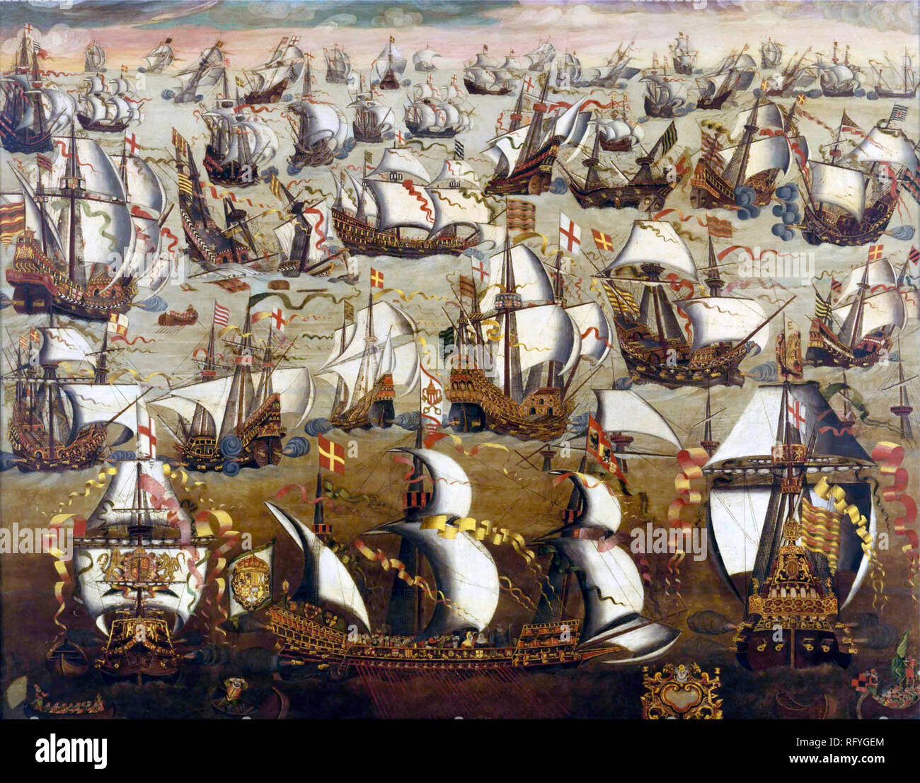 Barcos ingleses y la Armada Española, 1588 Foto de stock