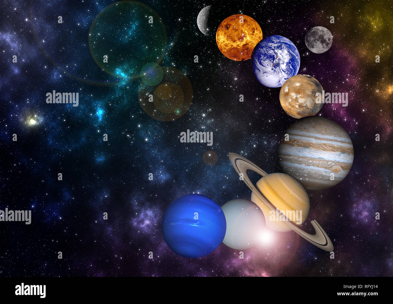 Los planetas en el sistema solar de fila en el colorido universo estrellado  con copiar elementos espaciales de esta imagen proporcionada por la NASA  Fotografía de stock - Alamy
