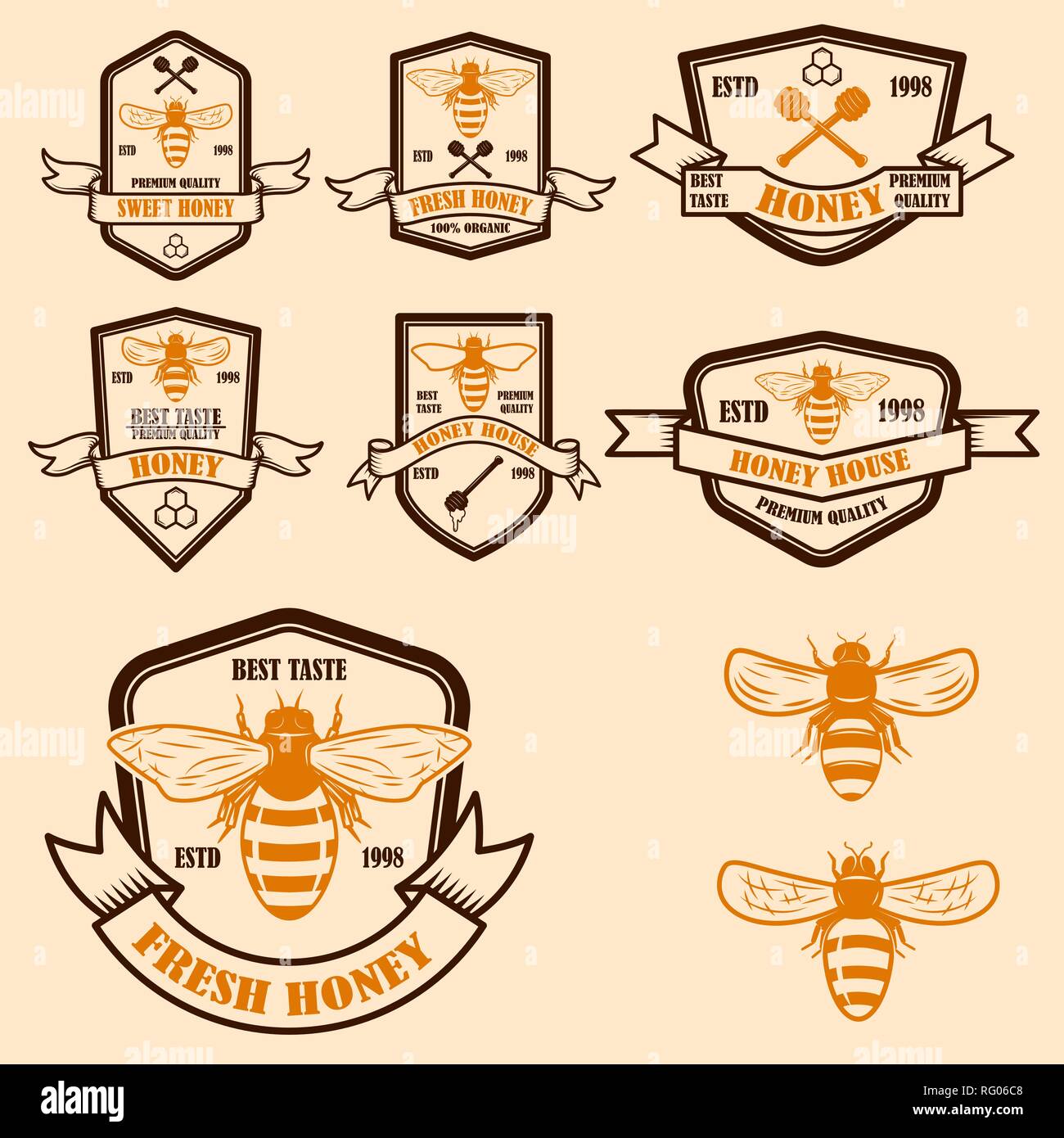 Conjunto de etiquetas miel vintage plantilla. Iconos de la abeja. Elemento  de diseño para el logotipo, la etiqueta, el emblema, signo y póster.  Ilustración vectorial Imagen Vector de stock - Alamy