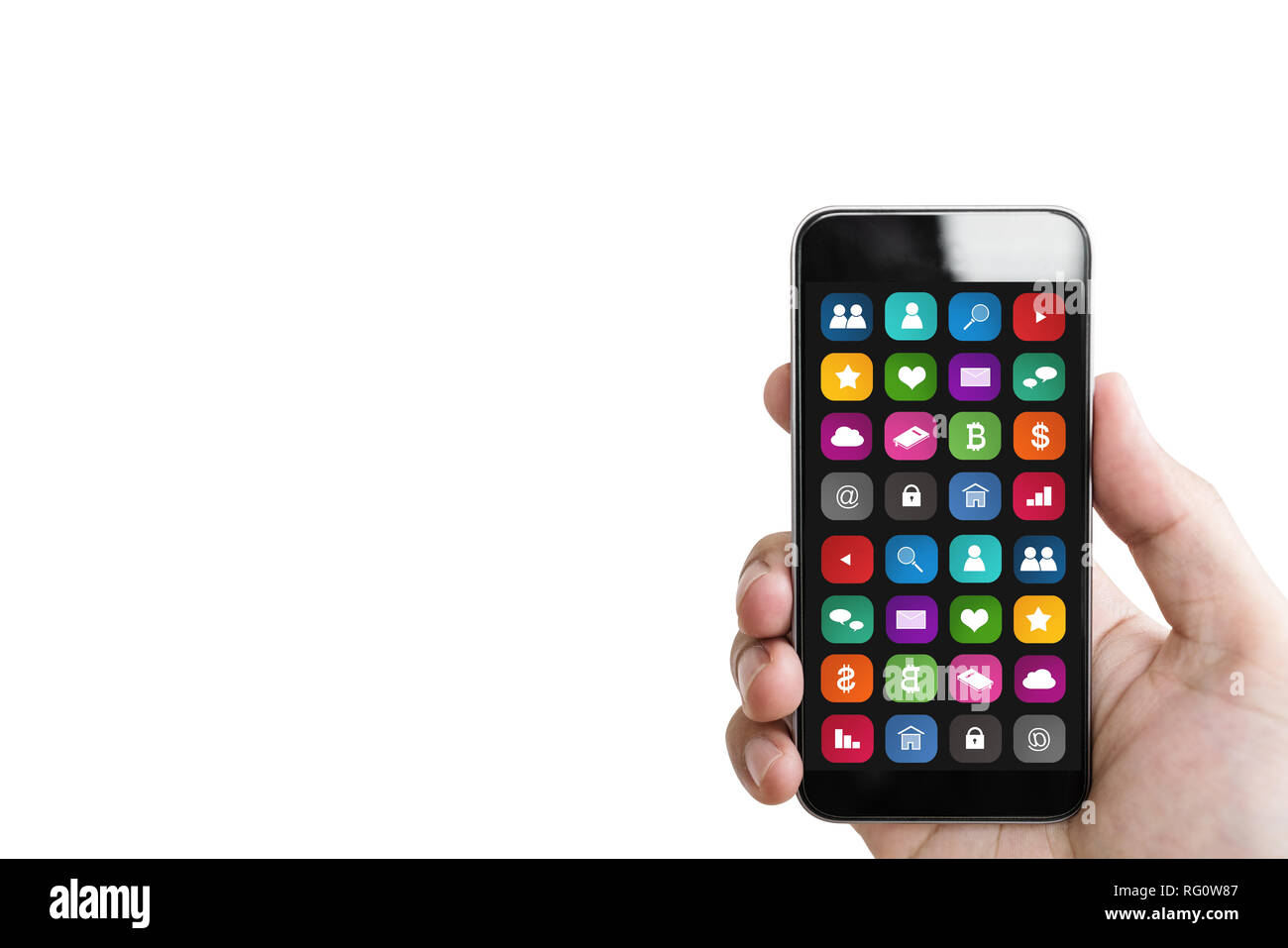 Mano sujetando un teléfono inteligente, móvil con Mobile App en la pantalla, aislado sobre fondo blanco. Foto de stock