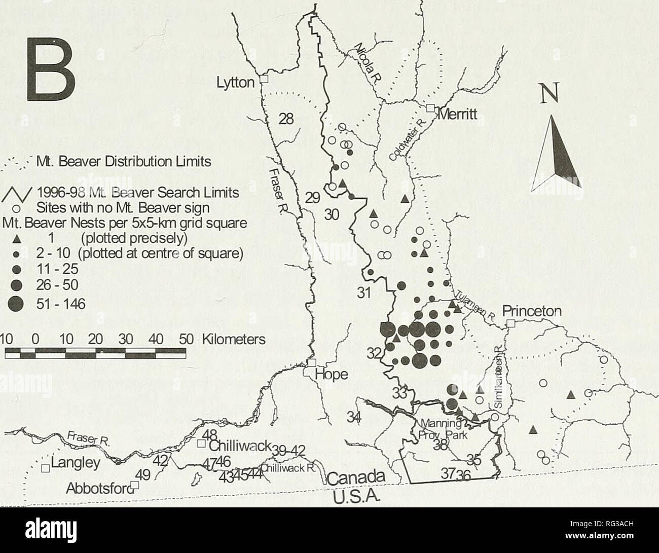 . El campo canadiense-naturalista. Abbotsford^ 7^^^5'^R A^. 2&amp;- EE.UU.. Figura 1. Distribución de la montaña Beaver en Canadá sobre la base de (A) de especímenes de museo con ubicaciones numeradas a datos tecleados en el apéndice 1, y b) la montaña Beaver nido ocupadas encuestas (N - 635 nidos de British Columbia) que ha emprendido el Ministerio de Ambiente, Tierras y Parques de 1996-1998 al este de las Montañas Cascade dividir, así como otras observaciones de Castor montaña al oeste de la división y en el Parque Provincial Manning, con ubicaciones numeradas a datos tecleados en el apéndice 2. Una serie de notas y cartas en el naturalis A.C. Foto de stock