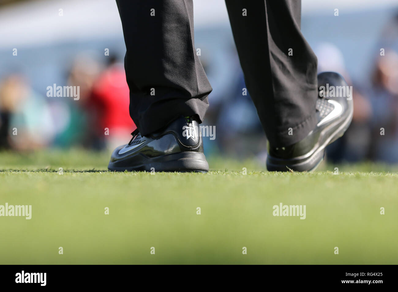 San Diego, California, USA. 27 ene, 2019. Zapatos de golf Tiger Woods  durante la ronda final de los agricultores abierto en el campo de golf  Torrey Pines Golf Course en San Diego,