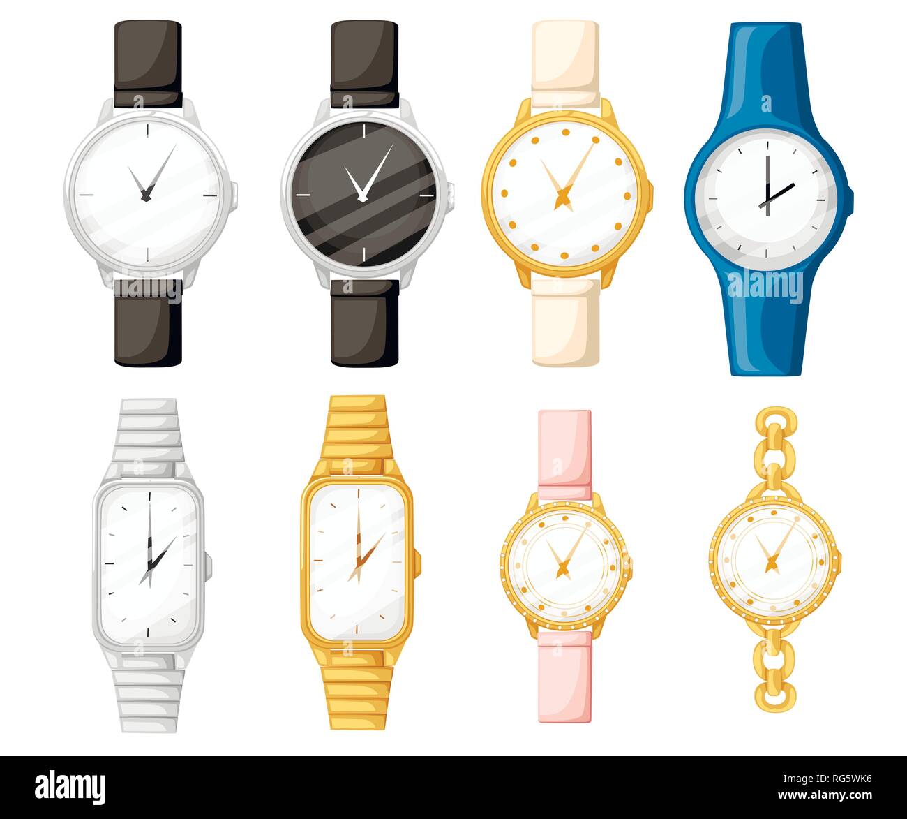 Conjunto de diferentes colores y estilos de un reloj de pulsera. Hombre y  mujer colección Watches. Ilustración vectorial plano aislado sobre fondo  blanco Imagen Vector de stock - Alamy