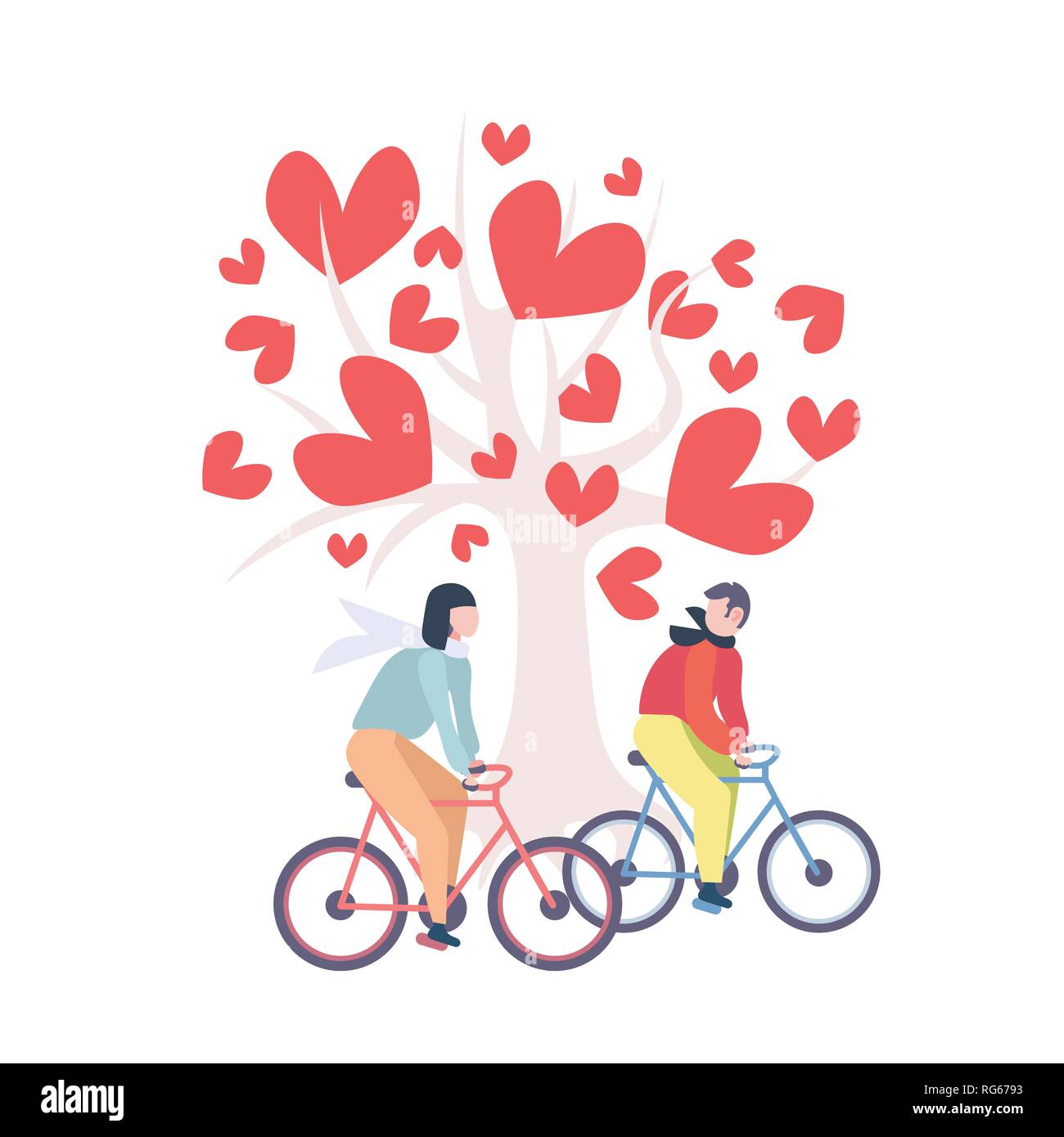 Par montando bicicleta feliz día de San Valentín concepto hombre mujer  ciclismo bicicletas bajo el árbol del amor con hojas corazón rojo formas  planas aisladas de longitud completa Imagen Vector de stock -