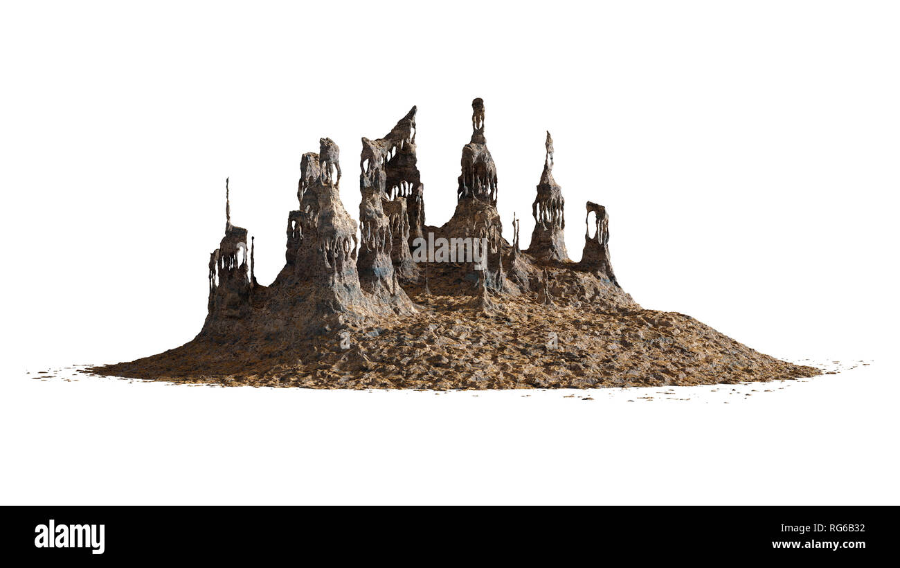 Formación rocosa exótico paisaje desértico, elemento con ruinas antiguas, aislado sobre fondo blanco (3D Render) Foto de stock