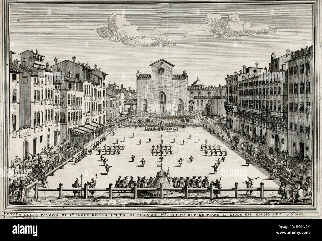 Un Calcio Fiorentino (histórico) juego de fútbol jugado en la Piazza Santa Croce, Florencia, Italia, circa 1688 Foto de stock