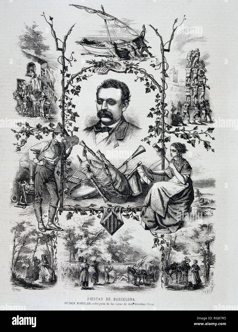 CLAVE, José Anselmo compositor español. BARCELONA 1821-1906 GRABADO ILUSTRACION española y americana. Foto de stock