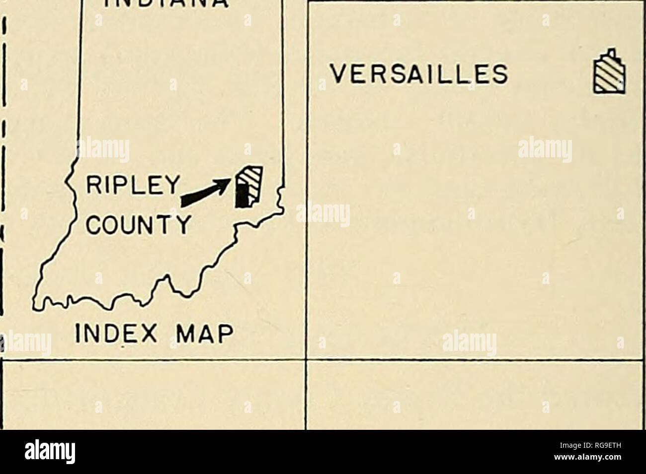 . Boletines de la paleontología americana. Boletín 192 209 R. 10 E. R.ll E. T. N. 6 millas 2  L  INDIANA L  RIPLEY COUNTY construcción^^   .La empresa cantera EaAN OSGOOD. Texto REXVILLE-Fig. I- mapa mostrando la ubicación de la empresa de construcción DEL CONDADO DE RIPLEY Cantera, Osgood, Indiana (después de Raymond, 1955). Arland Hotchkiss, de la Universidad de Louisville para uso de equipos photomicro- scopy; la Sra. Howard Byers, U. S. Geological Survey, Louisville Kentucky, para escribir el manuscrito. Un agradecimiento especial al Sr. Michael Mound, paleontólogo en el personal de la Universidad de Indiana, quien verifica la identificación Foto de stock