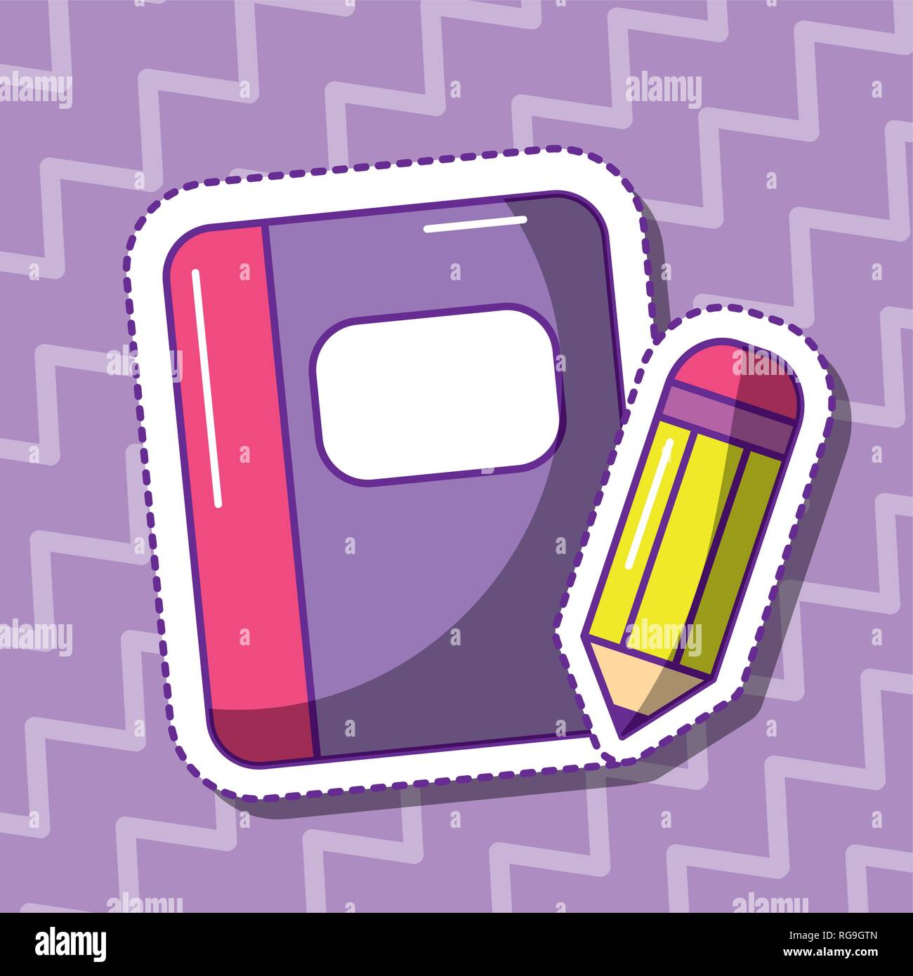 Cute cuaderno y lápiz sticker design Imagen Vector de stock - Alamy