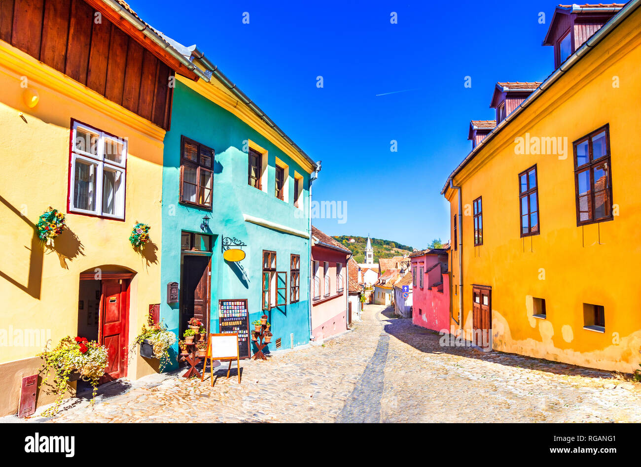 Sighisoara, Rumania: Famoso empedradas calles antiguas con coloridas casas medievales de la ciudad-fortaleza Foto de stock
