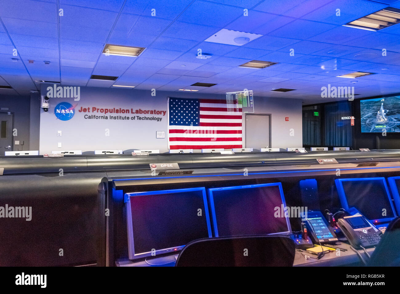 El 10 de junio de 2018, la Canada Flintridge / CA / USA - vista interior del centro de control de misión en el Laboratorio de Propulsión a Chorro (JPL) Foto de stock