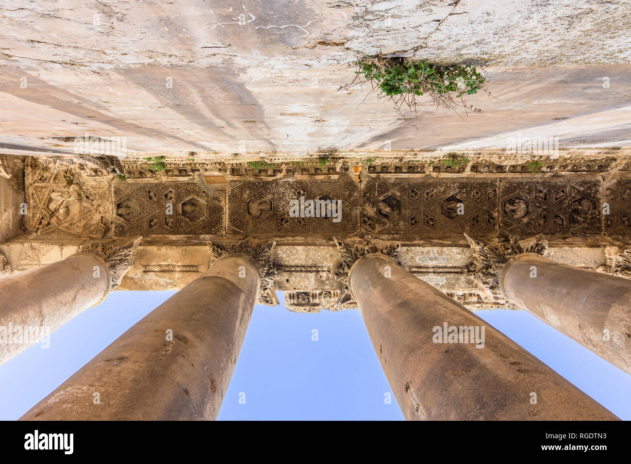 El techo en el peristilo del templo de Baco, Heliópolis ruinas romanas, Baalbek, Líbano Foto de stock