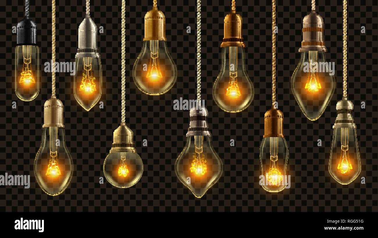 https www alamy es bombilla de luz vector vintage set resplandeciente luz brille transparente 3d realista retro electrico steampunk estilo loft o luces decorativas colgantes image233924476 html