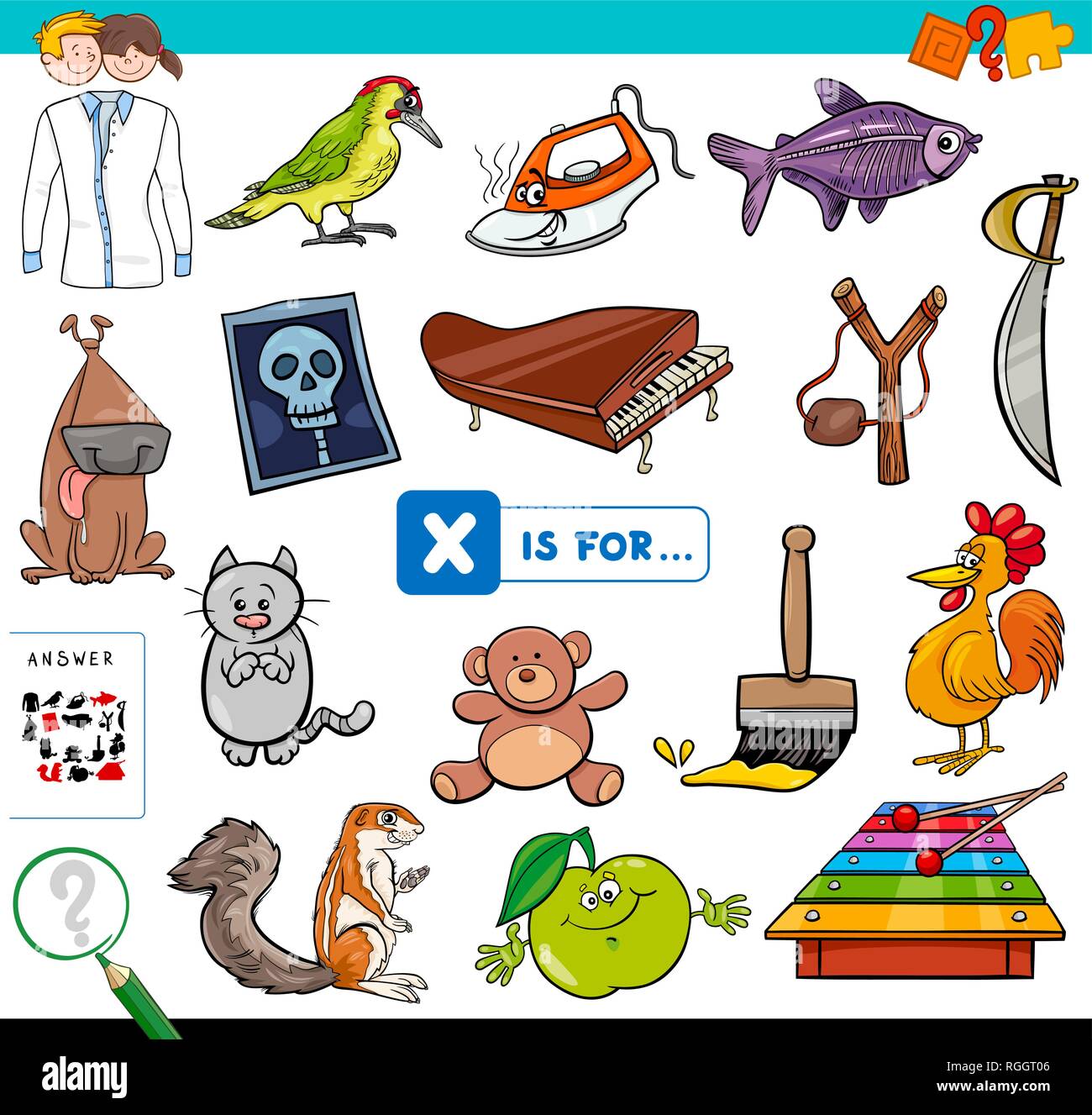 Ilustración de dibujos animados de encontrar la imagen que empiezan con la  letra X Libro de juegos educativos para niños Imagen Vector de stock - Alamy