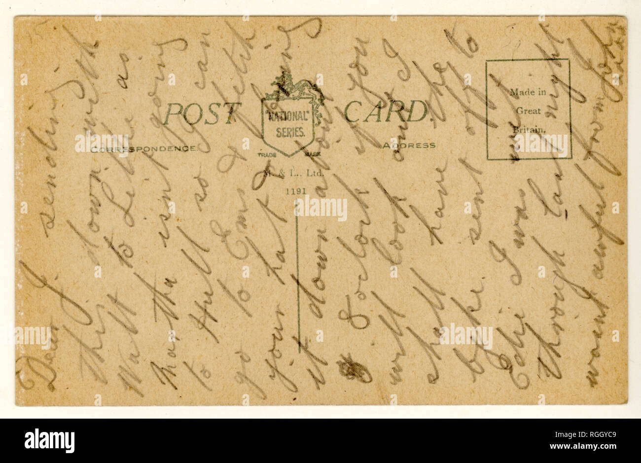 Reverso de principios de 1900 manuscrito, postal, alrededor de 1921, Reino Unido Foto de stock