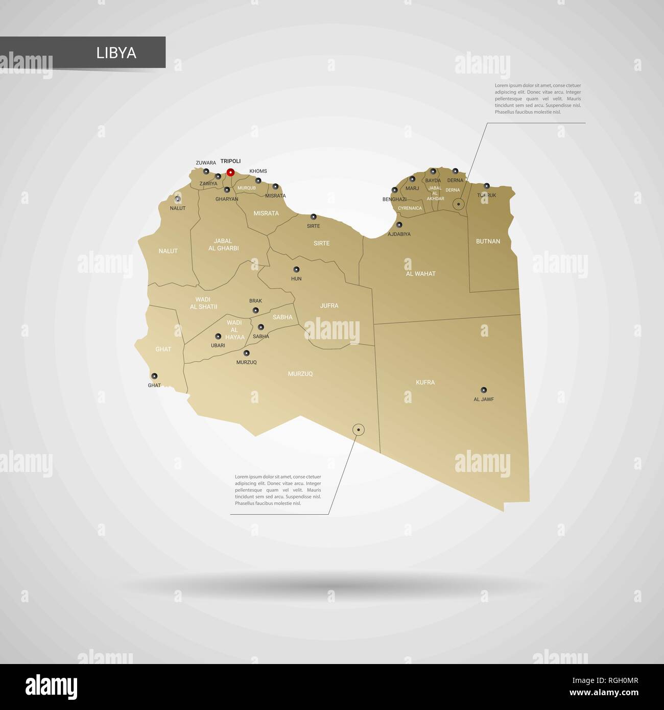 Vector Estilizados Mapa De Libia Infografía 3d Oro Ilustración Mapa Con Las Ciudades Las 