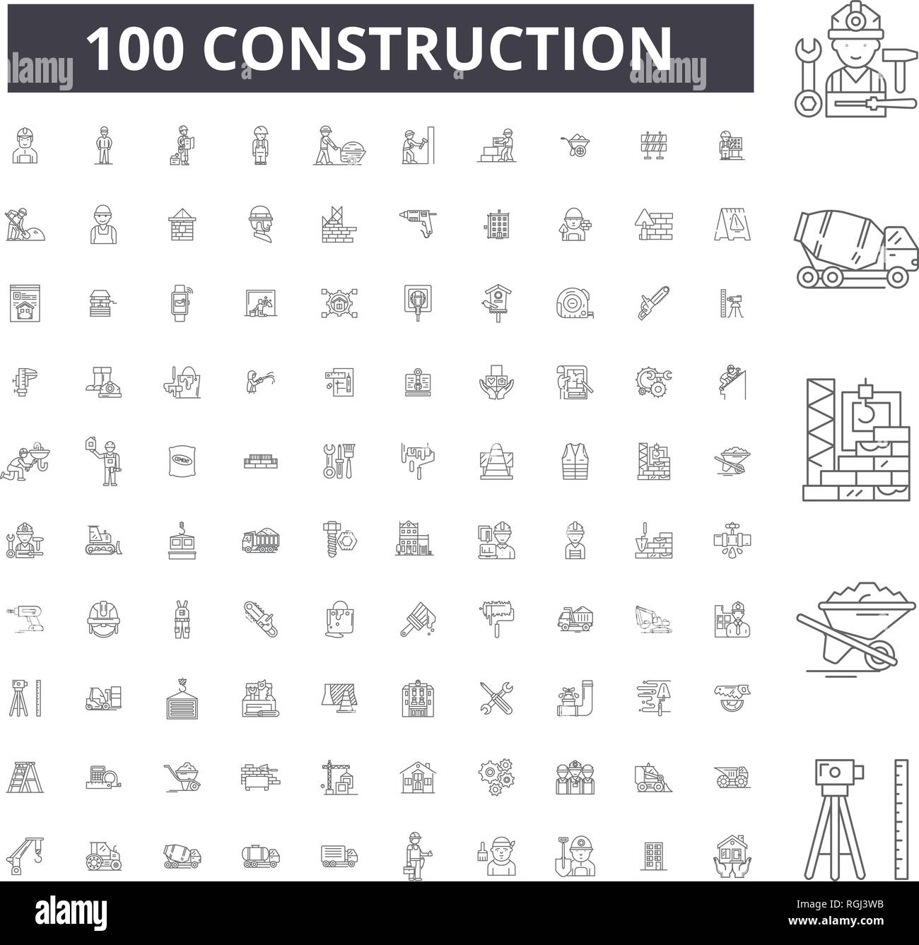 Construcción línea editable iconos, 100 vector set, colección. Construcción contorno negro ilustraciones, signos, símbolos Ilustración del Vector